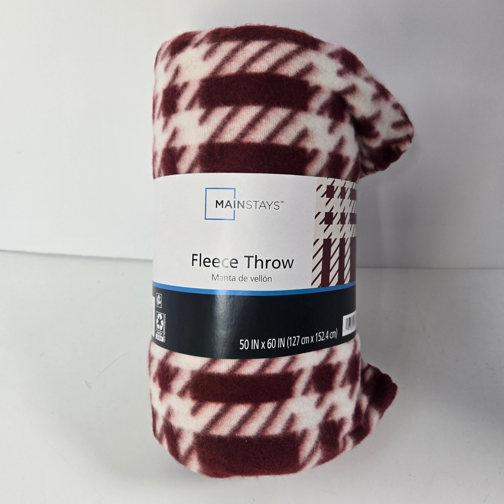 Mainstays Fleece Throw Blanket 50x60 Merlot Windowpane Houndstooth Plaid Holiday